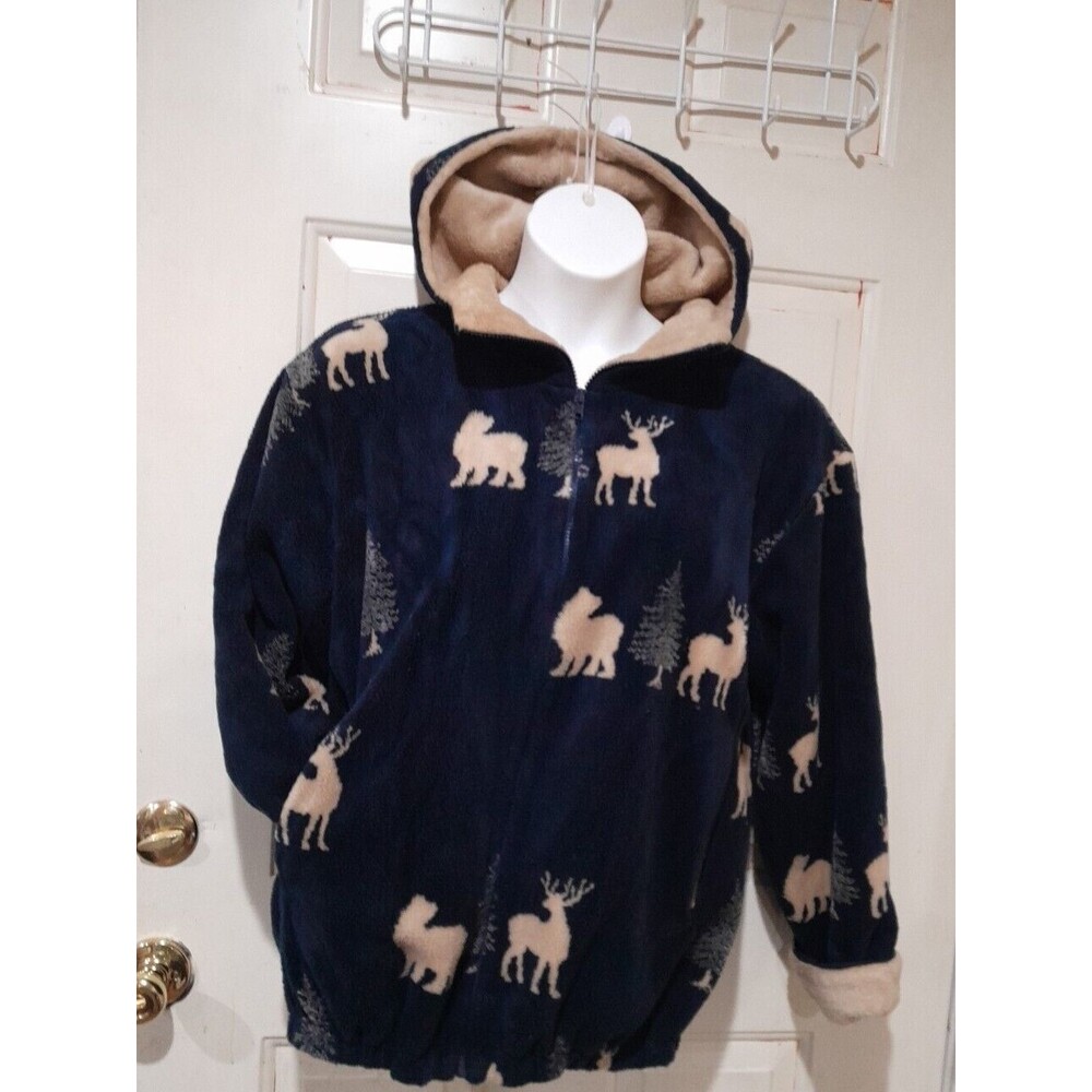 St John's Bay Deer Nature Animal Allover Print Fleece Hoodie Zip Up Sz S
